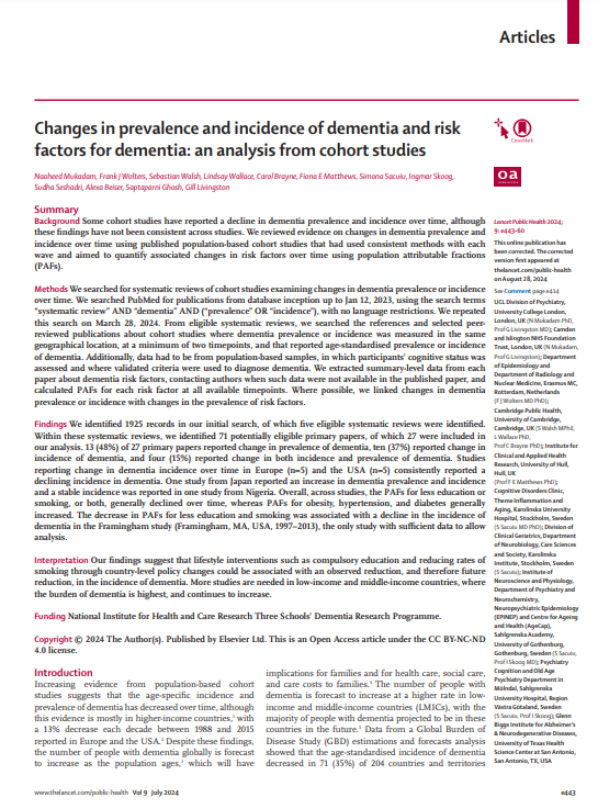 Reproducción total de la portada del documento 'Changes in prevalence and incidence of dementia and risk factors for dementia: an analysis from cohort studies (The Lancet Public Health, Vol.9, Nº 7, 2024)'