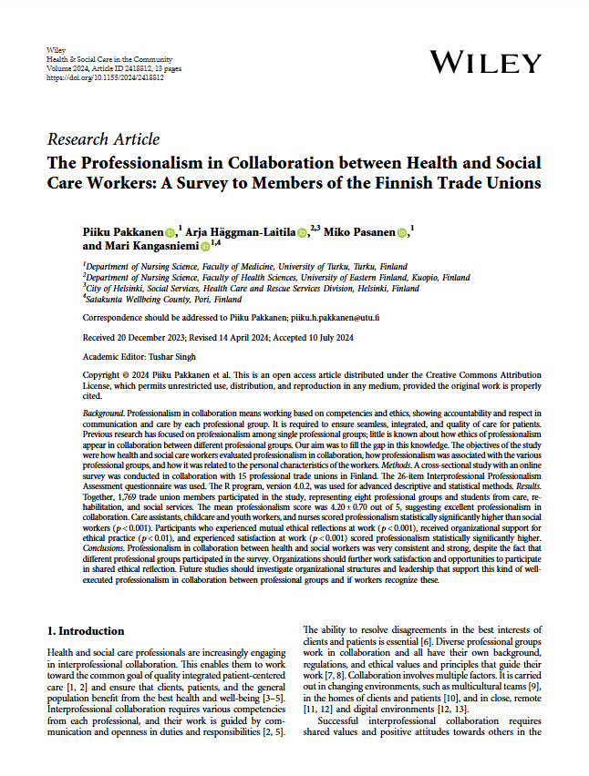 Reproducción total de la portada del documento 'The Professionalism in Collaboration between Health and Social Care Workers: A Survey to Members of the Finnish Trade Unions (Health and Social Care in the Community, Vol. 2024)'