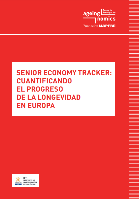 'Senior Economy Tracker: Cuantificando el progreso de la longevidad en Europa (AgeingNomics, Centro de Investigación. Fundación MAPFRE, 2024)' dokumentuaren azalaren erreprodukzio osoa