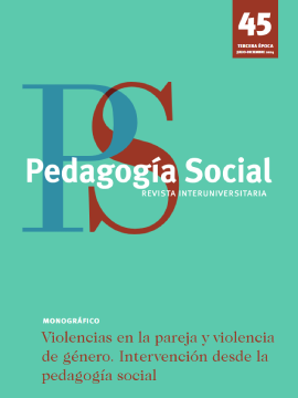 'Violencias en la pareja y violencia de género. Intervención desde la pedagogía social (Pedagogía Social. Revista Interuniversitaria, n. 45, 2024)' dokumentuaren azalaren erreprodukzio osoa