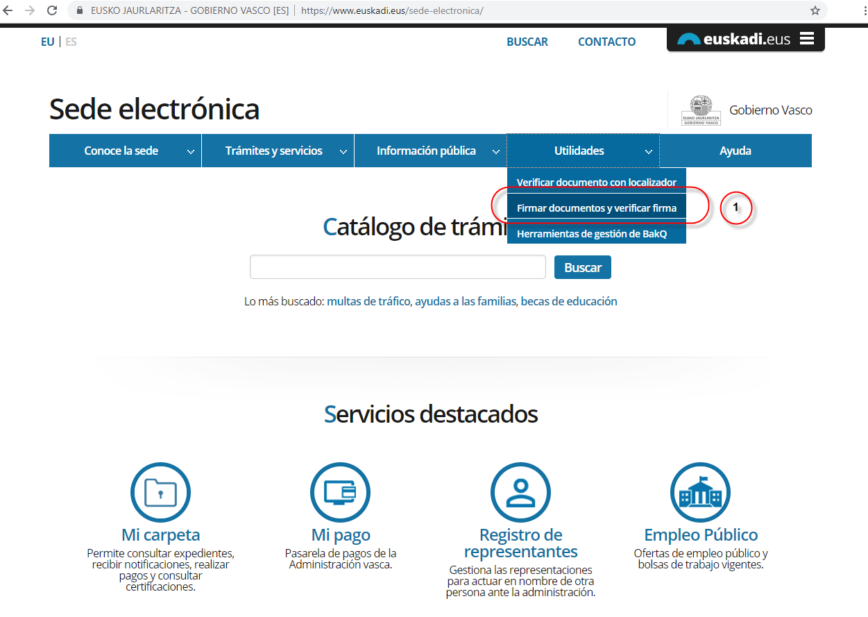 Pantalla de Utilidades de la Sede electrónica