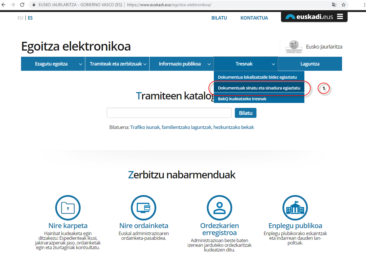 Egoitza elektronikoaren tresna aukeraren pantaila