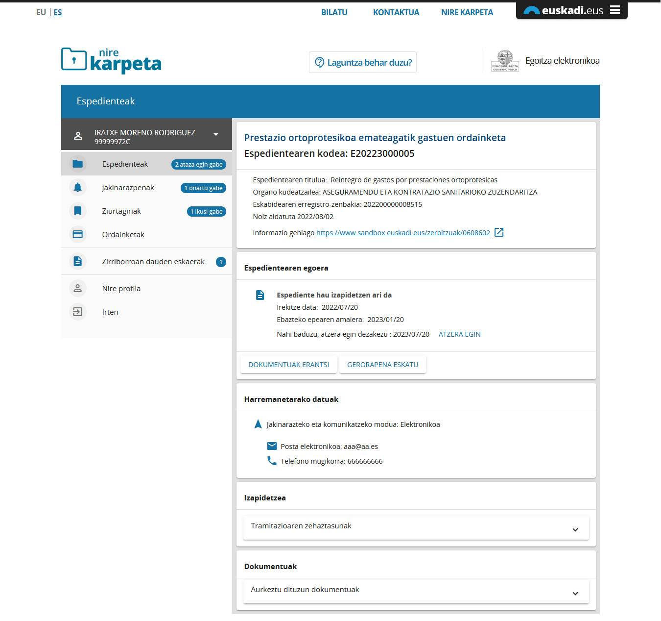 Espedientearen xehetasuna eta Dokumentuak erantsi botoia