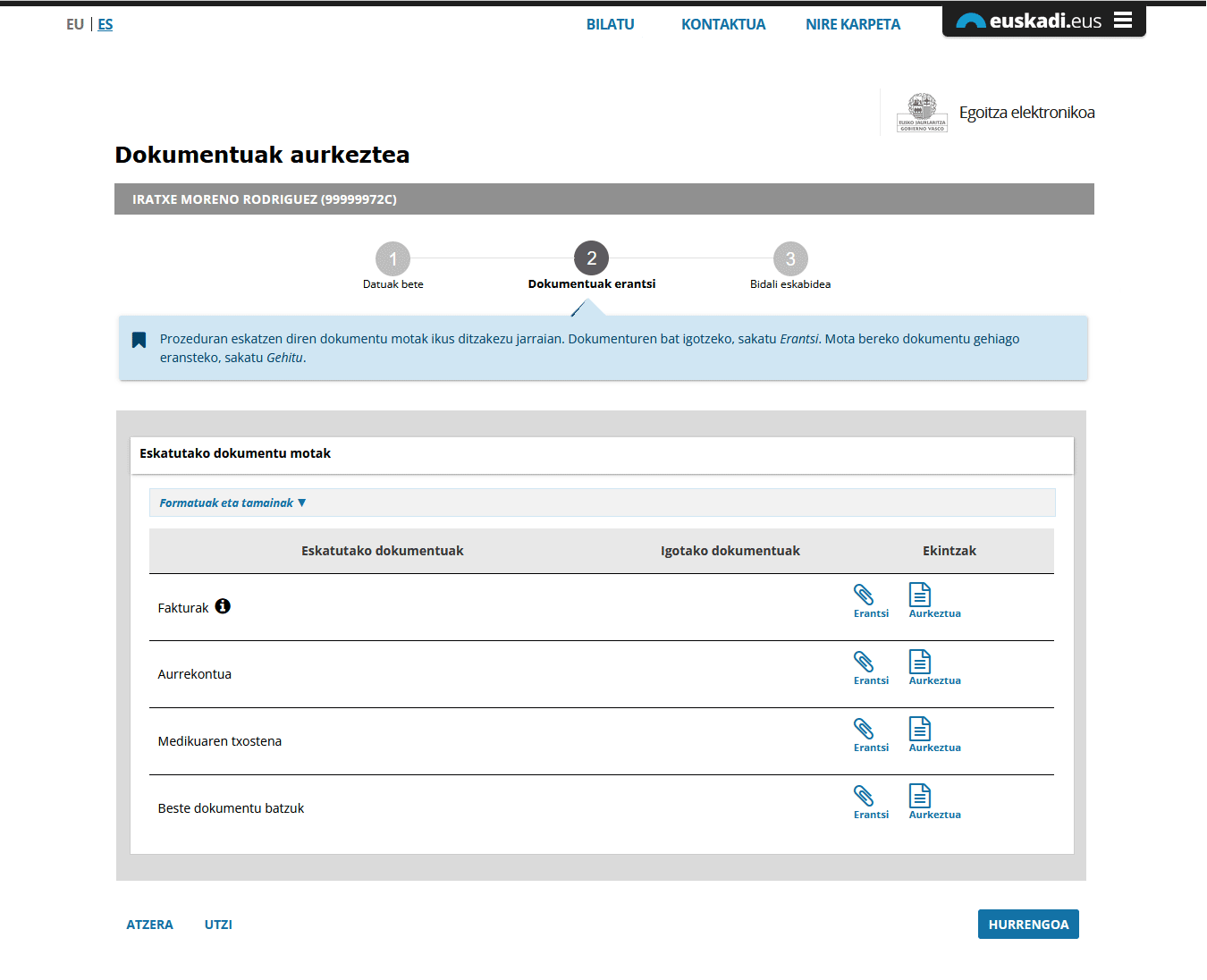 Dokumentuak aurkeztea: bigarren urratsa, dokumentuak erantsi