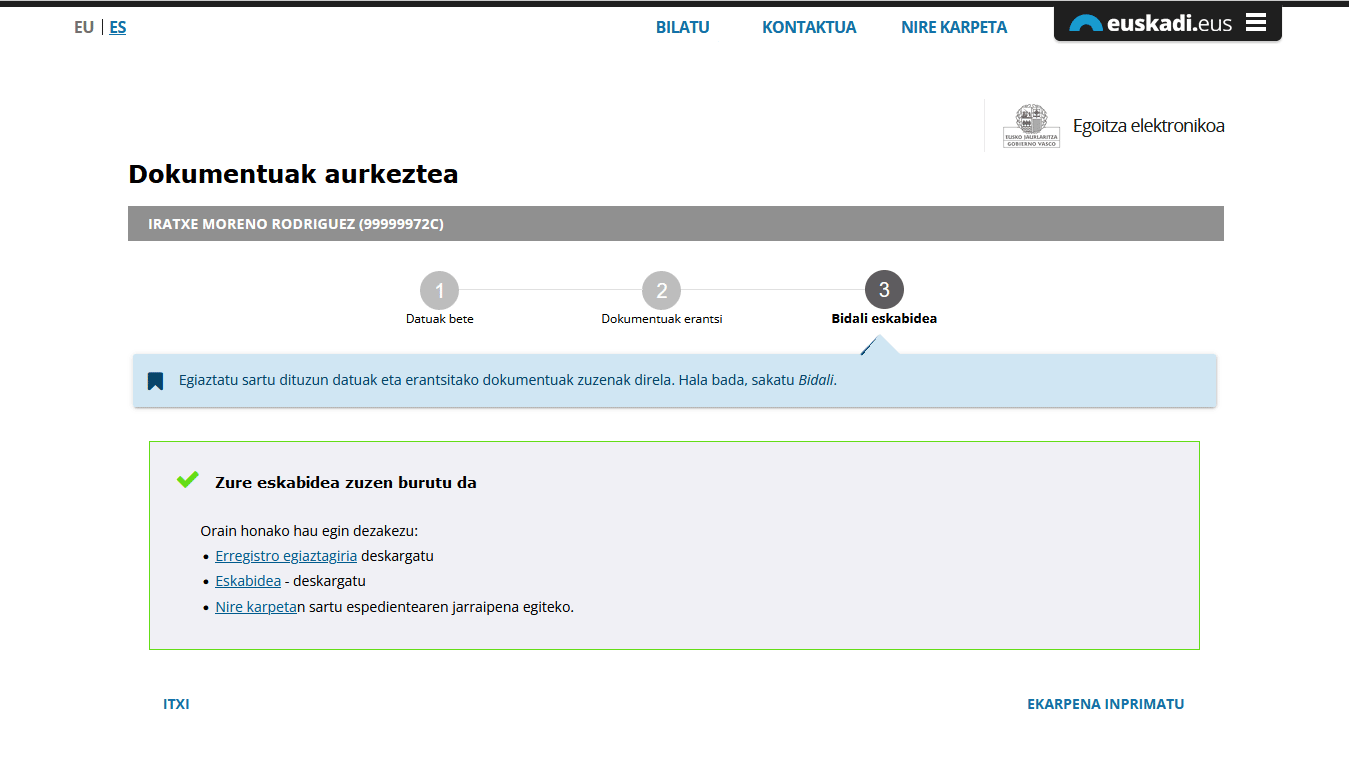 Dokumentuak aurkeztea: eskabidea zuzen bidali da