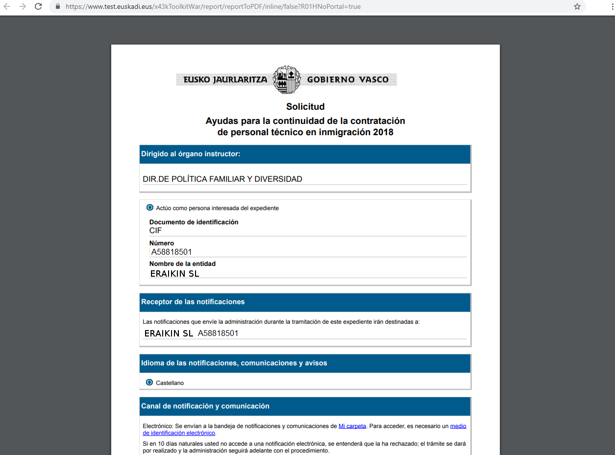 Documento PDF de la solictud tramitada