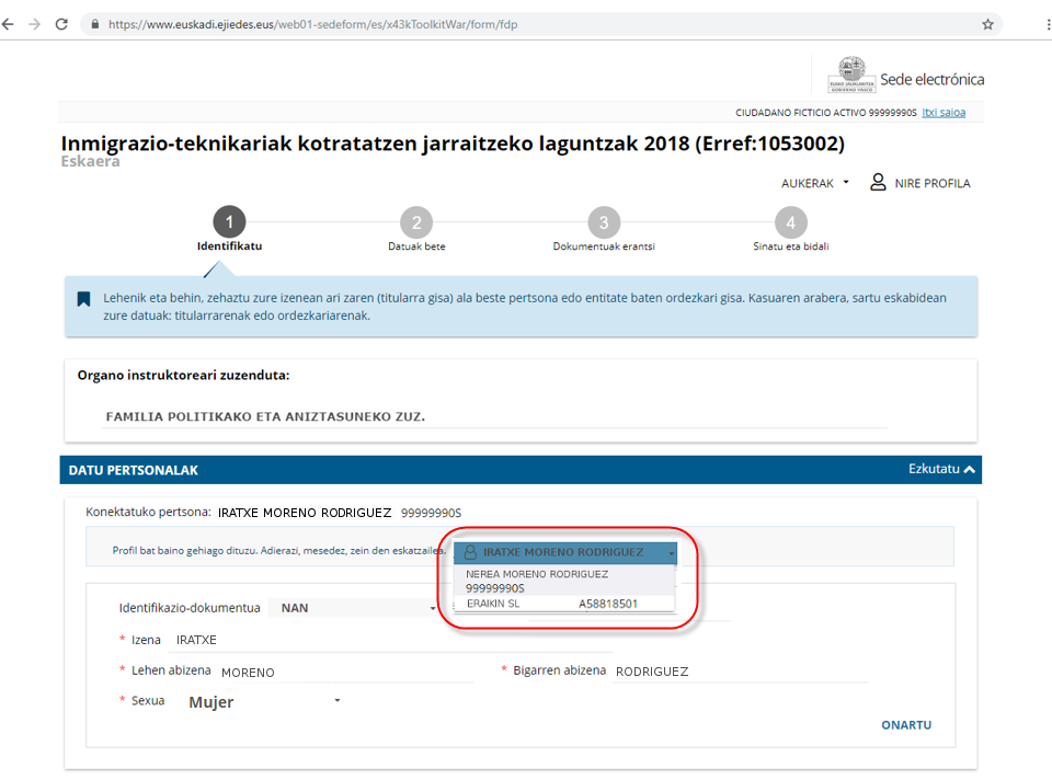 Ordezkarien erregistroan dagoen informazioaren arabera, profila hautatzea