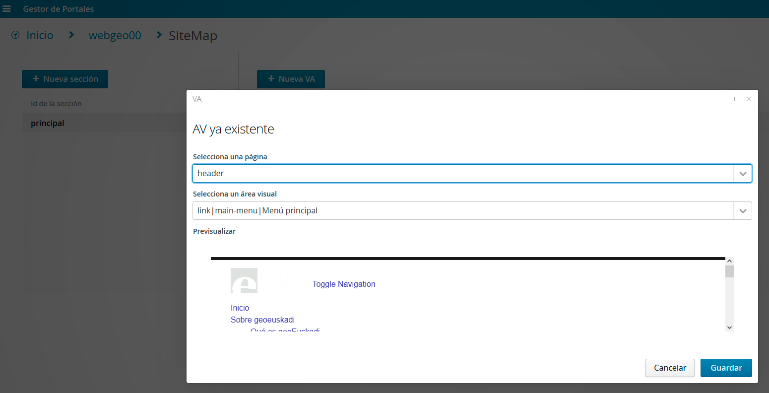 Vincular una área visual con nuestra sección del sitemap