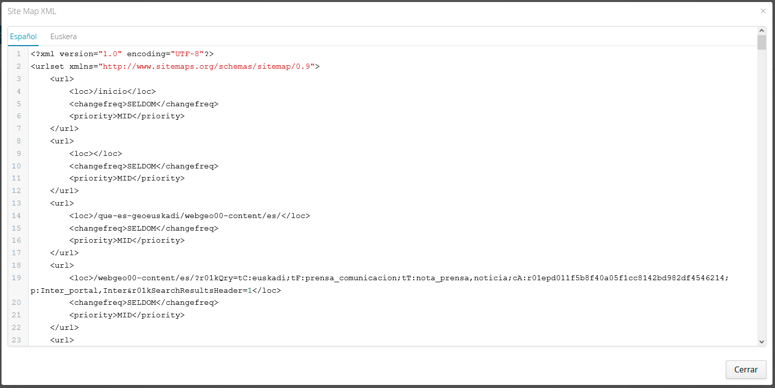 Sitemap generado en formato XML