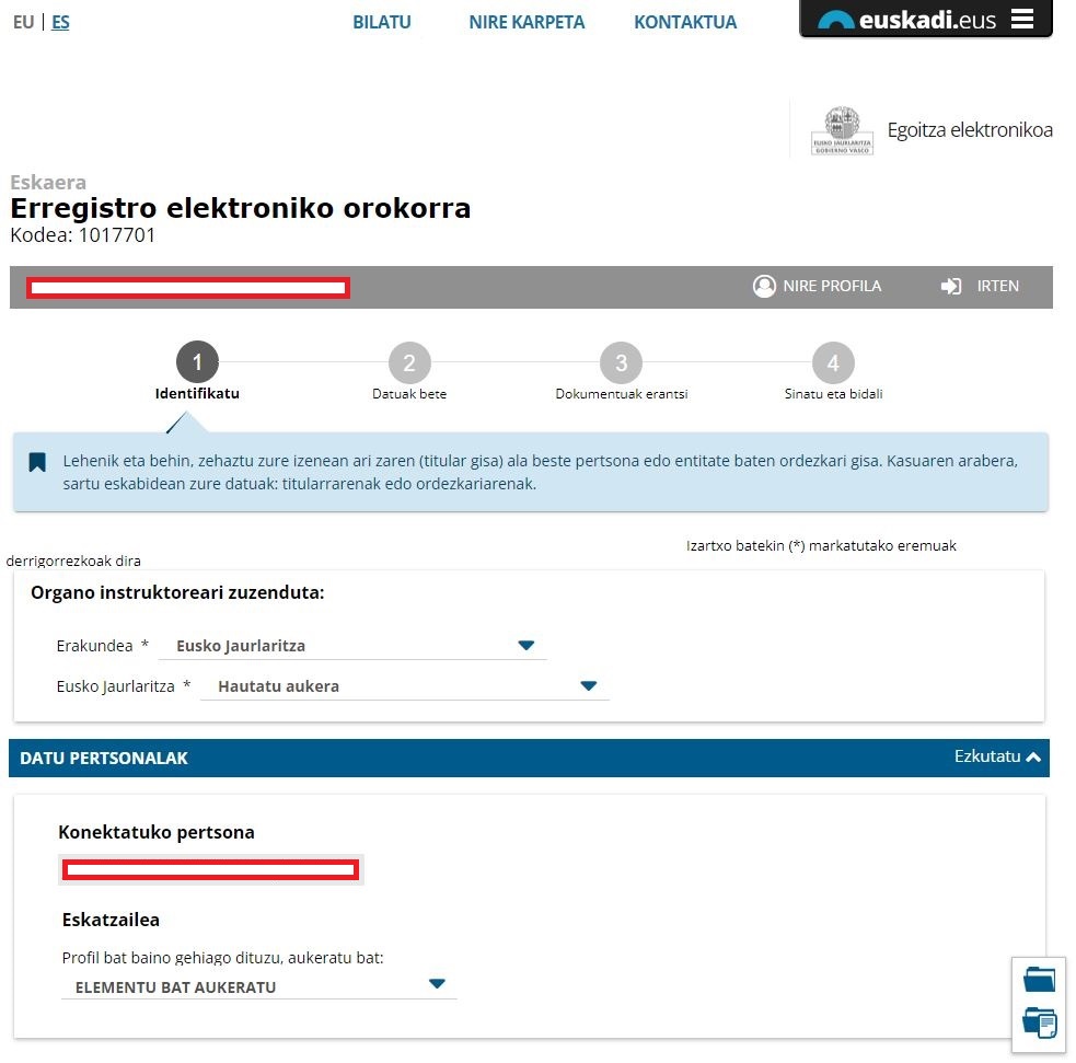 Erregistro Elektroniko Orokorraren pantaila nagusia