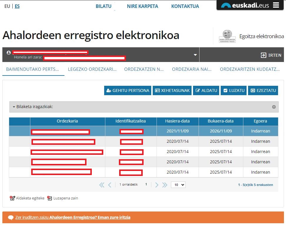 Ahalordetzeen erregistro elektronikoaren pantaila nagusia