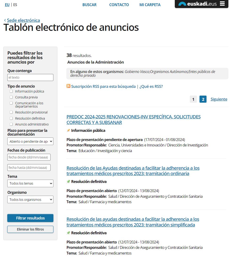 Pantalla principal del Tablón electrónico de Anuncios