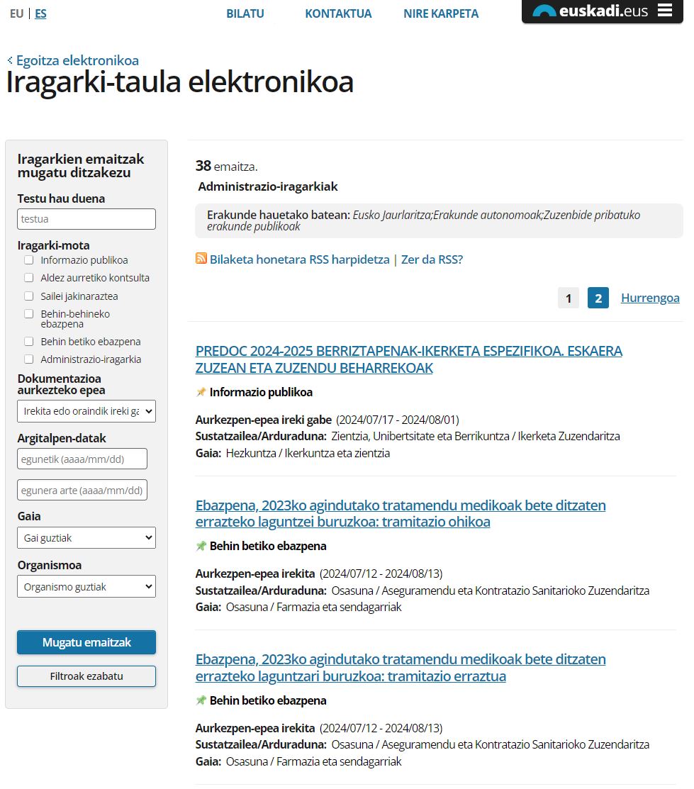 Iragarki-taula elektronikoaren pantaila nagusia