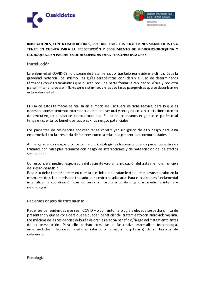 Adinekoen egoitzetako pazienteetan hidroxiklorokinaren eta klorokinaren preskripziorako  eta jarraipenerako kontuan hartu beharreko indikazioak, kontraindikazioak, arreta-neurriak eta interakzio esanguratsuak 